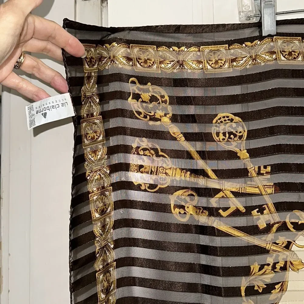 Vtg very large Liz‎ Claiborne brown, gold & cream polyester scarf/ key print